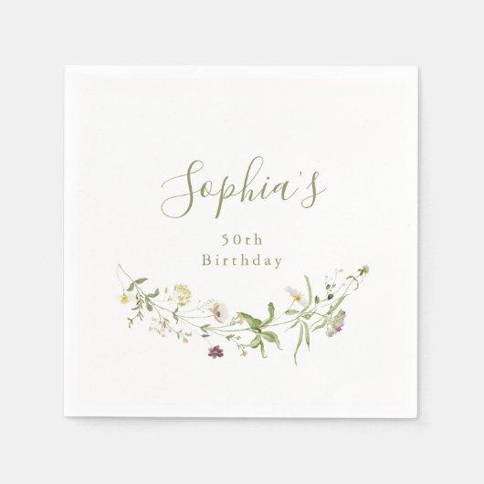 セージグリーンワイルドフラワー素朴ボホエージエイジ誕生日 スタンダードカクテルナプキン (正面)
