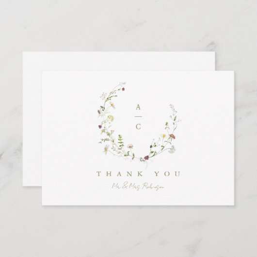 セージグリーンワイルドフラワー素朴ボホ結婚のモノグラム サンキューカード (正面/裏面)