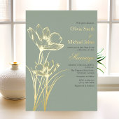 セージグリーンワイルドフラワー結婚式招待状 箔シーズンカード