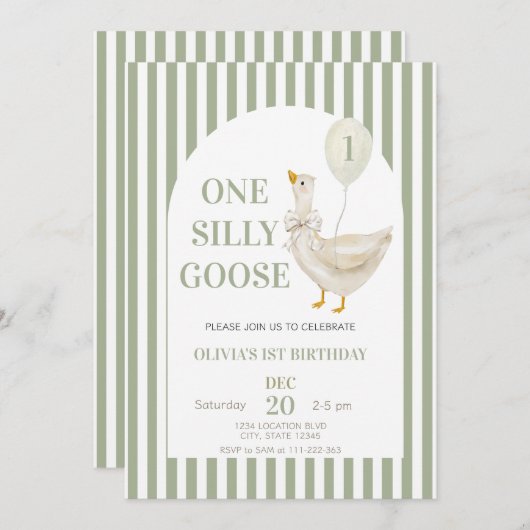 セージグリーンワン間抜けグース男女兼用誕生日 招待状 (正面/裏面)