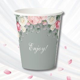 セージグリーンヴィンテージガーデンバラブライダルシャワー 紙コップ