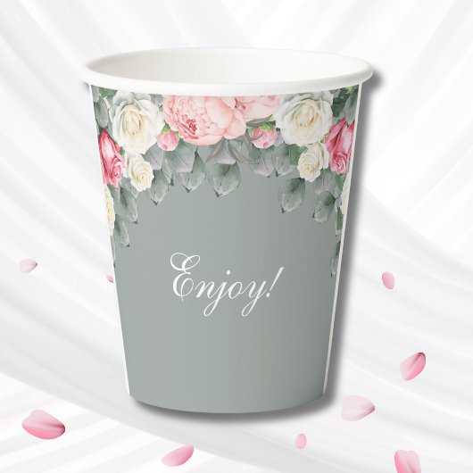 セージグリーンヴィンテージガーデンバラブライダルシャワー 紙コップ