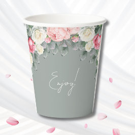 セージグリーンヴィンテージガーデンバラブライダルシャワー 紙コップ