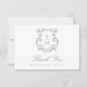 セージグリーンヴィンテージバロックモノグラム結婚クレスト サンキューカード (正面)