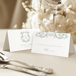 セージグリーンヴィンテージバロックモノグラム結婚クレスト プレイスカード