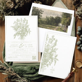 セージグリーンヴィンテージフローラエレガント庭園の結婚式 招待状