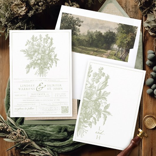 セージグリーンヴィンテージフローラエレガント庭園の結婚式 招待状