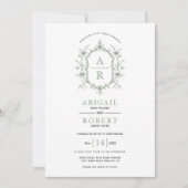 セージグリーンヴィンテージフローラクレストイニシャル結婚ズ 招待状 (正面)