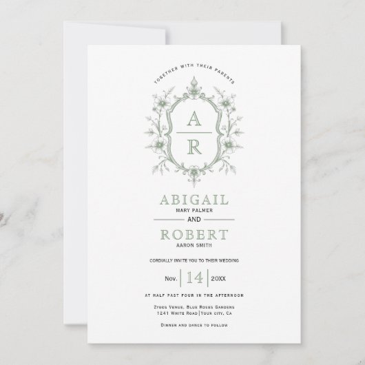 セージグリーンヴィンテージフローラクレストイニシャル結婚ズ 招待状 (正面)