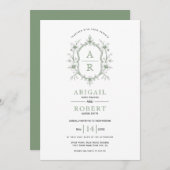 セージグリーンヴィンテージフローラクレストイニシャル結婚ズ 招待状 (正面/裏面)