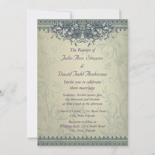 セージグリーンヴィンテージレ結婚ース 招待状 (正面)