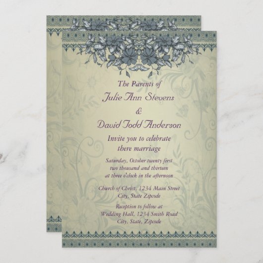 セージグリーンヴィンテージレ結婚ース 招待状 (正面/裏面)