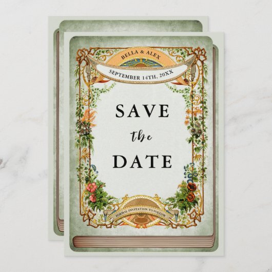 セージグリーンヴィンテージ図書図書秘伝ガーデン セーブザデート (正面/裏面)