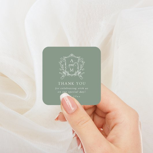 セージグリーンヴィンテージ結婚クレストありがとう スクエアシール