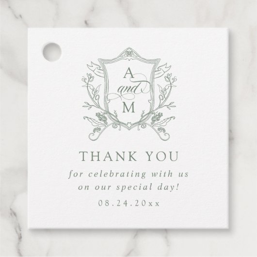 セージグリーンヴィンテージ結婚クレストありがとう フェイバータグ (正面)