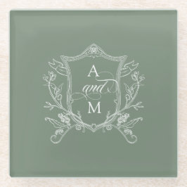 セージグリーンヴィンテージ結婚クレスト ガラスコースター