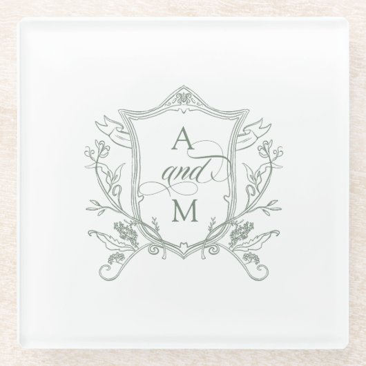セージグリーンヴィンテージ結婚クレスト ガラスコースター (正面)