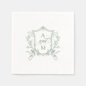 セージグリーンヴィンテージ結婚クレスト スタンダードカクテルナプキン (正面)