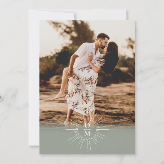 セージグリーン中世紀70年代モノグラム結婚写真 招待状 (裏面)