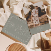 セージグリーン中世紀70年代モノグラム結婚写真 招待状