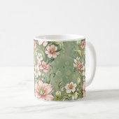 セージグリーン地に優しいピンクと白の花 コーヒーマグカップ (正面右)