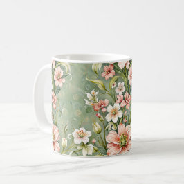 セージグリーン地に優しいピンクと白の花 コーヒーマグカップ