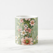 セージグリーン地に優しいピンクと白の花 コーヒーマグカップ (中央)