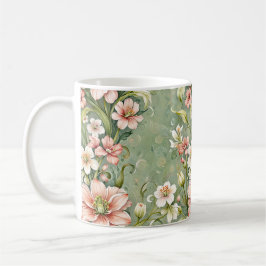 セージグリーン地に優しいピンクと白の花 コーヒーマグカップ