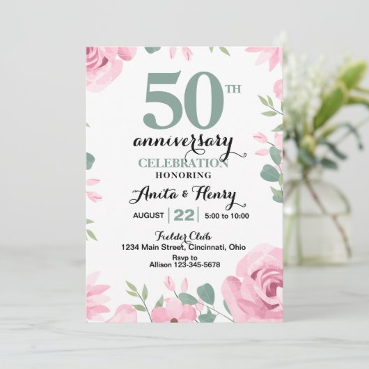 セージグリーン文字記念日のピンクのバラ 招待状 (スタンド正面)