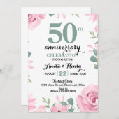 セージグリーン文字記念日のピンクのバラ 招待状 (正面/裏面)