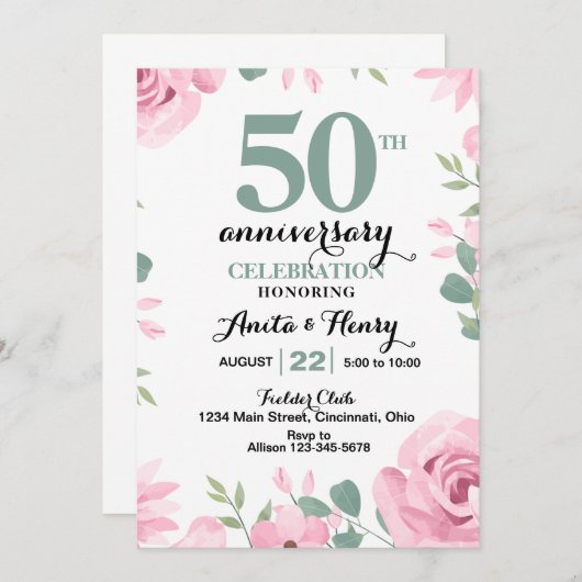 セージグリーン文字記念日のピンクのバラ 招待状 (正面/裏面)