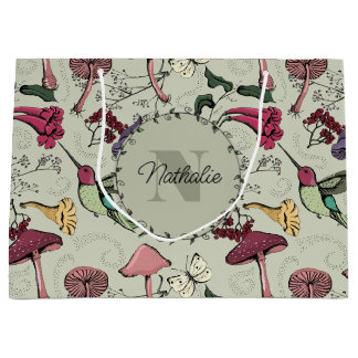 セージグリーン春ガーデンハミングバードフローラ ラージペーパーバッグ