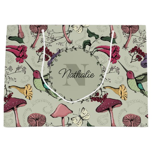 セージグリーン春ガーデンハミングバードフローラ ラージペーパーバッグ (正面)