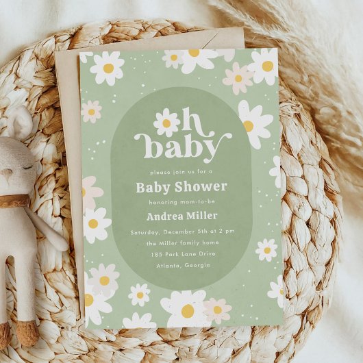 セージグリーン春デイジーフローラベビーシャワー 招待状