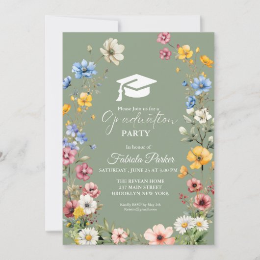 セージグリーン春ワイルドフラワーガーデン卒業 招待状 (正面)
