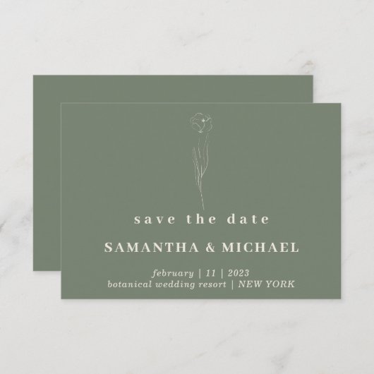 セージグリーン植物性フローラ救日付エッセンシャル 招待状 (正面/裏面)
