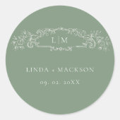 セージグリーン植物紋章モノグラム結婚ズ ラウンドシール (正面)