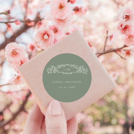 セージグリーン植物紋章モノグラム結婚ズ ラウンドシール