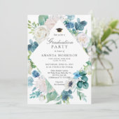 セージグリーン淡い色のブルーホワイトフローラ卒業パーティー 招待状 (スタンド正面)
