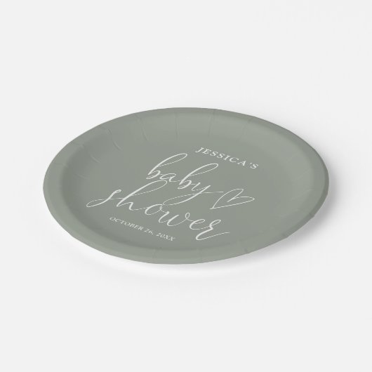 セージグリーン男女兼用ベビーシャワー ペーパープレート (アングル)