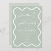 セージグリーン白縁ど波1歳の誕生日パーティー 招待状 (正面/裏面)