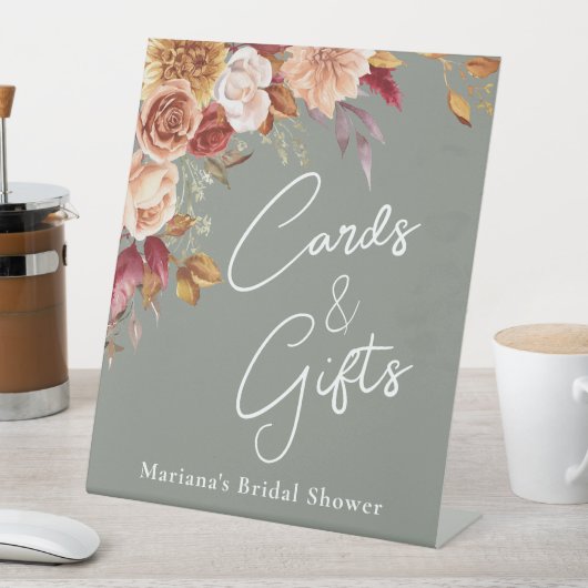 セージグリーン秋フローラブライダルシャワーカード&ギフト 台座サイン (インサイチュ)