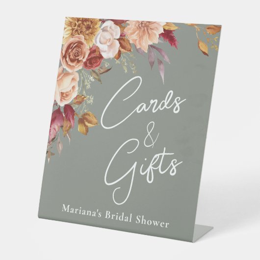 セージグリーン秋フローラブライダルシャワーカード&ギフト 台座サイン (正面)