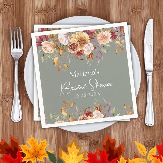 セージグリーン秋フローラブライダルシャワー スタンダードカクテルナプキン