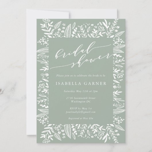 セージグリーン素朴フローララインアートブライダルシャワー 招待状 (正面)