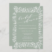 セージグリーン素朴フローララインアートブライダルシャワー 招待状 (正面/裏面)