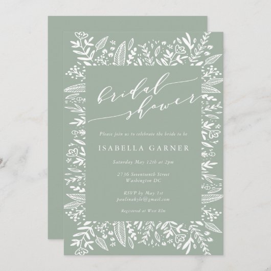 セージグリーン素朴フローララインアートブライダルシャワー 招待状 (正面/裏面)