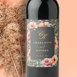 セージグリーン素朴フローラリースモノグラム結婚ズ ワインラベル