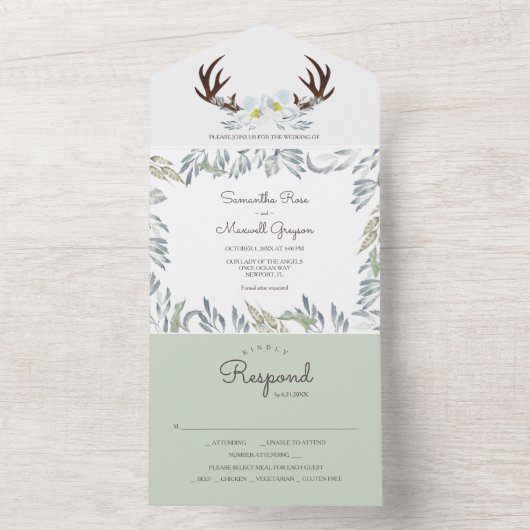 セージグリーン素朴花模様すべて1つの招待状 オールインワン招待状 (内側)