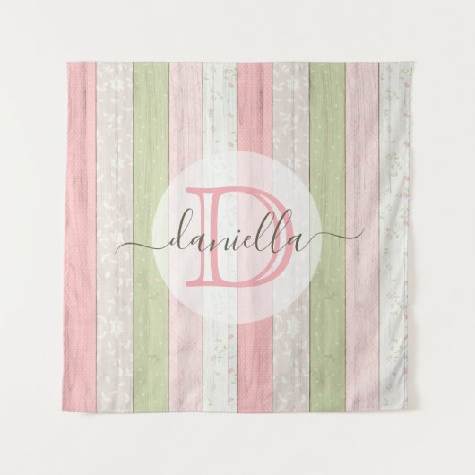 セージグリーン素朴&ピンクフローラウッドパーソナライズされた タペストリー (正面)